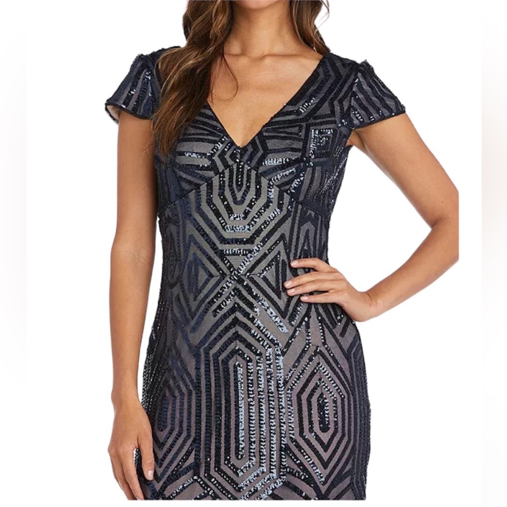 R & M Richards NWT Navy Nude Sequined Gown size 14
